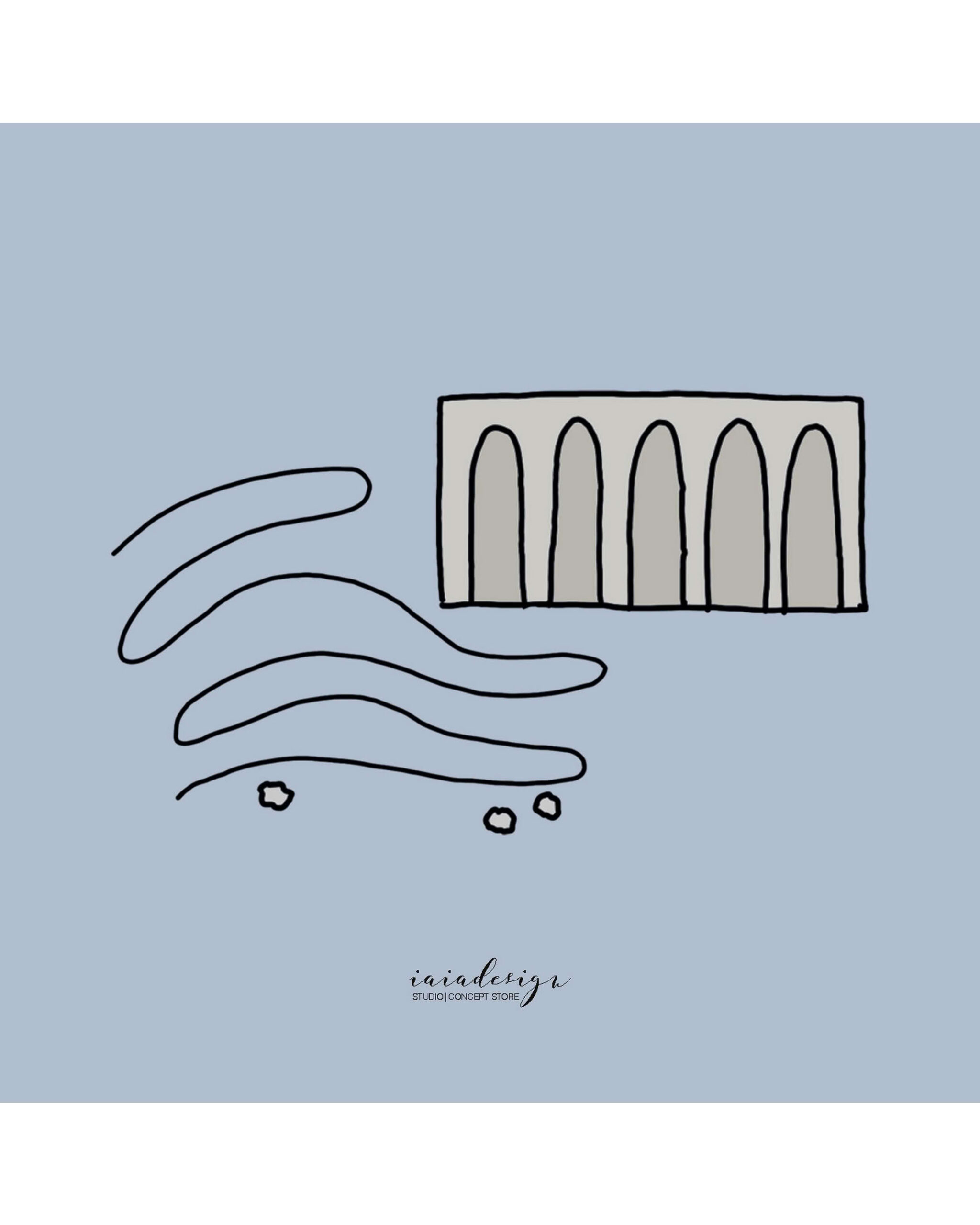 Illustrazione minimalista de La Marinella di Palmi, con le arcate e le onde del mare stilizzate.