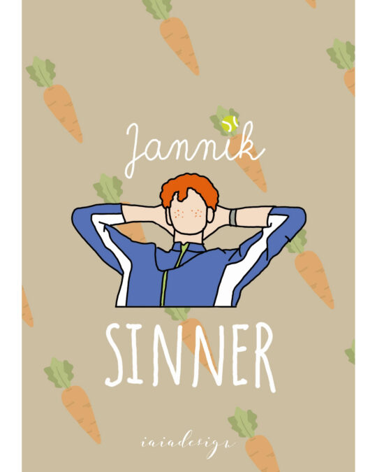 Illustrazione del tennista Jannik Sinner con i suoi capelli rossi su uno sfondo con un pattern di carote.