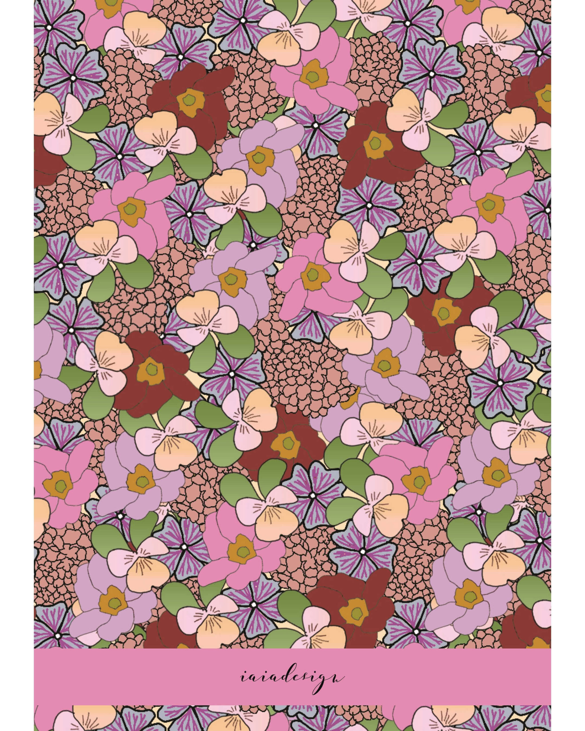 Pattern floreale denso e colorato con fiori rosa, viola e bordeaux su uno sfondo texturizzato, in stile illustrativo.