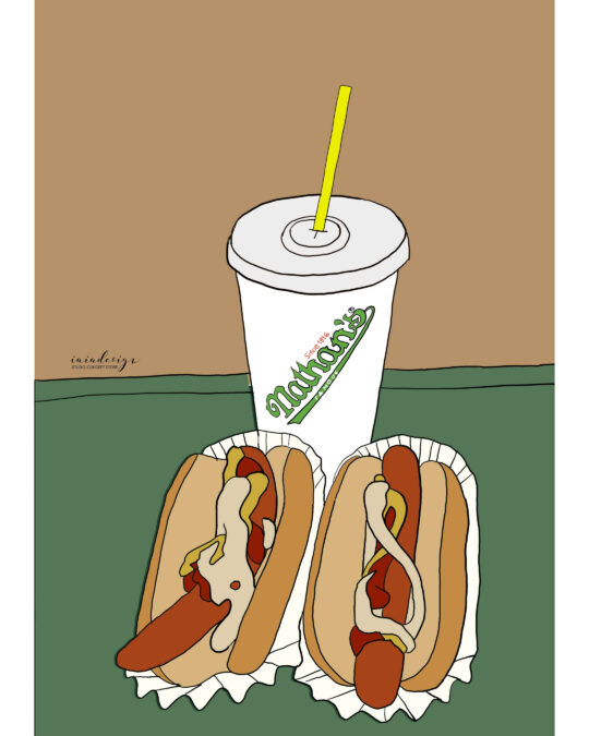 Illustrazione di due hot dog di Nathan's Famous con senape e ketchup, accompagnati da una bibita in un bicchiere di carta.