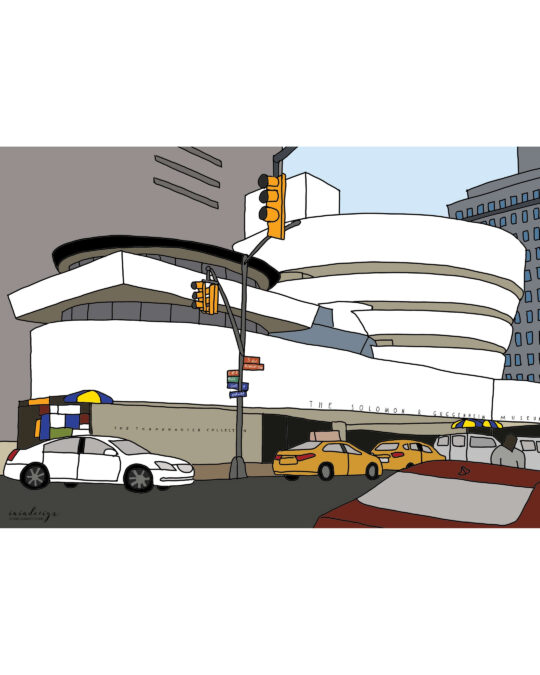 Illustrazione del Guggenheim Museum di New York, con la sua iconica architettura a spirale e i taxi gialli per la strada.