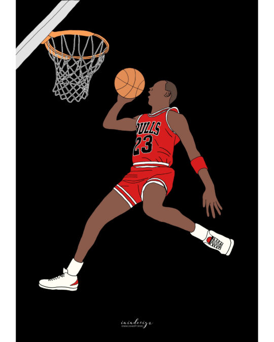 Illustrazione di Michael Jordan con la maglia numero 23 dei Chicago Bulls mentre sta per schiacciare a canestro.