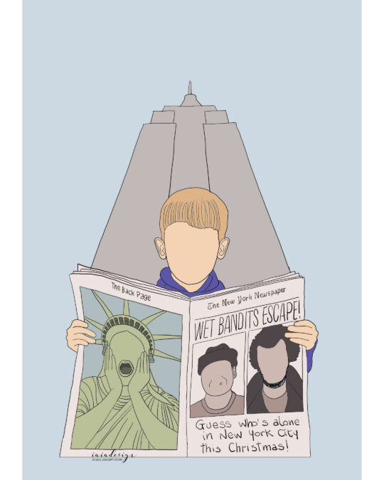 Illustrazione di Kevin McCallister da "Mamma, ho riperso l'aereo" che legge un giornale a New York con la notizia della fuga dei banditi.