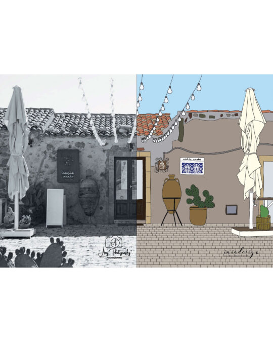 Illustrazione di un vicolo di Marzamemi, metà in bianco e nero e metà a colori, che mostra la trasformazione da foto a disegno.