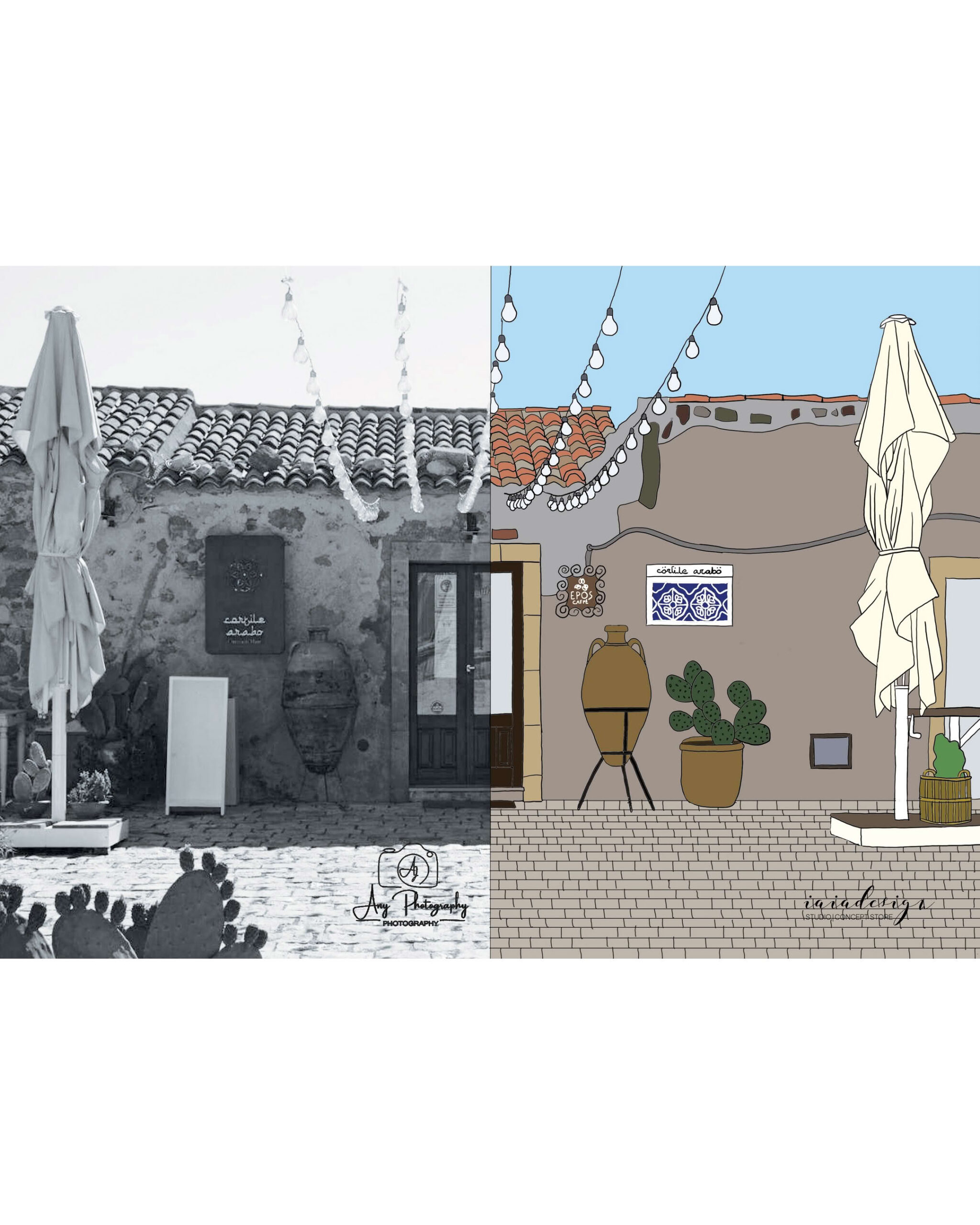 Illustrazione di un vicolo di Marzamemi, metà in bianco e nero e metà a colori, che mostra la trasformazione da foto a disegno.